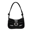 Schwarze glänzende Schultertasche mit Falten, Kristallschnalle und feinem geknotetem Träger - Schwarz