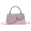 Borsa a mano con paillettes rosa, decoro a V dorato e tracolla a catena sottile - Rosa (2418)