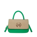 Sac bandoulière en paille verte et beige avec détail logo M en métal doré chic - Vert