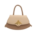 Bolso beige con forma de abanico, solapa tejida, cuero empalmado y hebilla de flores perla - Caqui