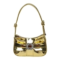 Metallic gold pleated underarm bag featuring a crystal rhinestone buckle and knotted strap - Gold