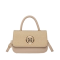 Sac à main beige chic avec rabat tissé, logo M doré et bandoulière réglable - Kaki