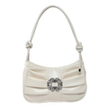 Elegant cream pleated underarm bag with sparkling crystal buckle and knotted strap - White