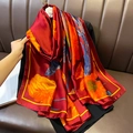 Red silk scarf with large orange floral prints and yellow edges for summer beach wear - Red (F-257-Red) / 90*180cm