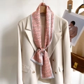 Pink silk skinny scarf with horsebit chain print styled on an elegant off-white blazer - 12*148cm / Pink