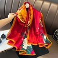 Grande scialle da spiaggia in seta a fiori rosso con elegante motivo a peonia - 90*180cm / Stile Floreale Rosso (F-107-2-Rosso)