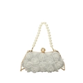 White chiffon flower evening clutch bag with pearl handle and golden chain - Silver (0566)