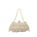 Ivory chiffon rose evening clutch with large pearl handle and gold chain strap - Gold (0566)
