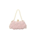 Pink chiffon floral evening clutch bag with pearl handle and gold chain strap - Pink (0566)