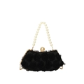 Elegant black evening box bag with 3D chiffon flowers and a white pearl handle - Black (0566)