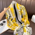 Large silk scarf with yellow floral print, used as beach shawl or summer sun protection wrap - 90*180cm / Yellow (F-243-1)