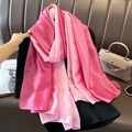 Detail of pink gradient satin silk scarf draped over black clothing with soft texture - 90*180cm / Light Pink-Dark Pink Gradient