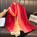 Detailed view of large satin scarf featuring smooth red to cream gradient and silk texture - 90*180cm / Burgundy Beige Gradient