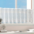 White French lace cafe curtain with floral embroidery and scalloped edges hanging on rod - Floral Spray Curtain