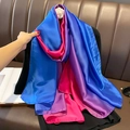 Detail of gradient satin scarf showing soft drape and smooth silk texture in royal blue and pink - 90*180cm / Royal Blue-Rose Red Gradient