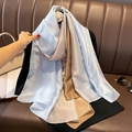 Detail of gradient satin silk scarf with light blue and champagne gold silky texture - 90*180cm / Light Blue-Khaki Gradient