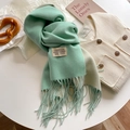 Detailed close-up of light mint green cashmere-like scarf with fringe and brand label - Light Water Green