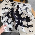 Silk square scarf with elegant white magnolia flower pattern on black satin background - 53x53 / Black