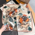Elegant silk floral square scarf with vintage orange and green prints for women - 53*53cm / Rice Pink