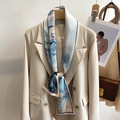 Elegant blue marble silk skinny scarf tied on a beige blazer as a stylish necktie - 12x148cm / Blue Marble Texture (ZJ-60-1)