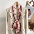 Abstract print silk-like skinny scarf with red borders styled on a beige blazer - 12x148cm / Red Abstract Texture (ZJ-60-3)
