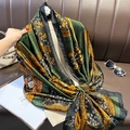 Green leopard and orange floral print oversized silk-like shawl scarf for women beach wear - Dark Green Vintage Print (F-146-1) / 90*180cm