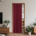 Burgundy pleated blackout door curtain with metal rings in a cozy home interior setting - Wine Red Folding Door Curtain
