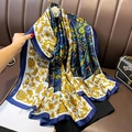Elegante bufanda de seda con estampado paisley azul y dorado y diseño floral tipo vintage - 90*180cm / Azul Marino (F-263)