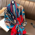 Elegant floral silk scarf shawl for sun protection and beach wear in blue and red - 90x180cm / Blue and Red (F-320-7-)