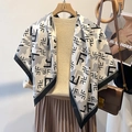 Detail of elegant letter print silk scarf with geometric twill patterns for women - 90*90cm / Beige-Black