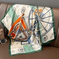 Elegant emerald silk-feel square scarf with classic carriage print on leather background - 70cmx70cm / Green Orange (W-177-2-)