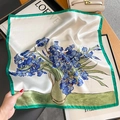 Square silk scarf featuring Van Gogh Iris print with elegant green rolled edges - Van Gogh Iris Floral Style (ZS-336-Lake Green)