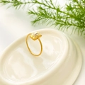 Dettaglio anello dorato con zircone verde rettangolare su ceramica con ramo di pino - US 6 / Zirconia Rettangolare Bianco