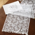 White lace table runner with butterfly patterns and soft pom-pom fringe decor - 35x91cm / Butterfly Pom-pom White