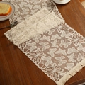 Cream knit table runner with butterfly lace patterns and decorative fringes on wood - Butterfly Rice 1 / 35*91