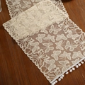 Creamy lace table runner with butterfly patterns and decorative white pom poms - Butterfly Rice Ball White / 35*91