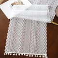 White lace table runner featuring geometric knit patterns and soft pompom tassel edges - 35*91cm / Diamond Wave White Pompom