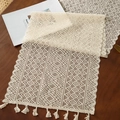 Cream white lace table runner with geometric crochet patterns and handmade tassels - Triangle Stripes 4 / 35*91