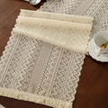 Elegant beige lace table runner with geometric hollow knit patterns and fringe tassels - Triangle Stripes 6 / 35*91