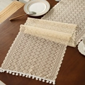 Beige hollow knit table runner with geometric lace patterns and white pompom trim - Triangle Stripes 7 / 35*91