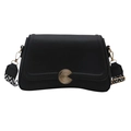 Minimalist black leather crossbody bag with golden spiral lock and geometric wide strap - Black