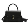 Chic black trapezoid handbag with gold oval lock and textured side panels in black finish - Black