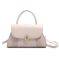 Chic beige crossbody bag with woven side panels and a golden oval metal clasp closure - White