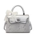 Silver snakeskin embossed handbag with white lace bow and metallic twist lock clasp - Silver
