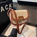 Retro zadeltas van beige canvas en bruin leer met witte contrasterende stiksels - Bruin