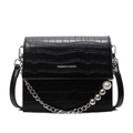 Chic black crocodile pattern square bag with decorative pearl and silver chain link - Black