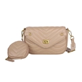 Beige quilted leather crossbody bag set with wide strap and round coin purse pouch - Khaki