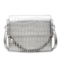 Silver crocodile embossed handbag with luxury pearl and metal bead chain strap - Silver