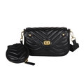Black V-quilted faux leather crossbody bag with wide strap and round coin purse pouch - Black