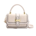 Elegant cream white satchel with lace embossing, top handle and gold metal lock - Lace Floral Embossing (White) / White